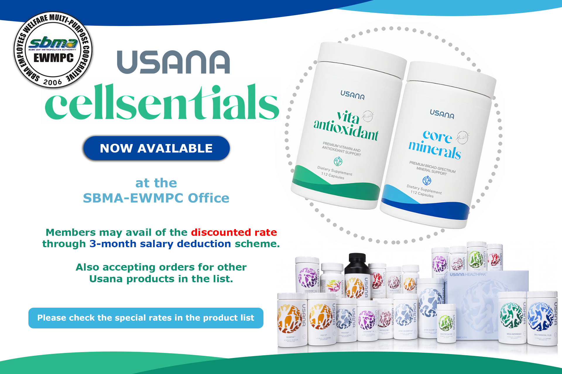 USANA CELLSENTIALS IS NOW AVAILABLE at the SBMA-EWMPC Office